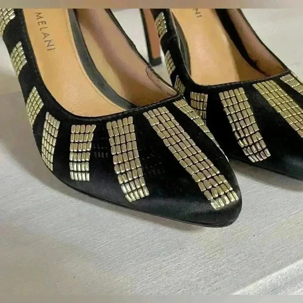 ANTONIO MELANI, black/gold studs, pointed toe, 3 1/2" heel, SZ: 6.5M - Picture 4 of 11